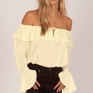 Amuse Society Pale Yellow Off-Shoulder Ruffle Crop Top